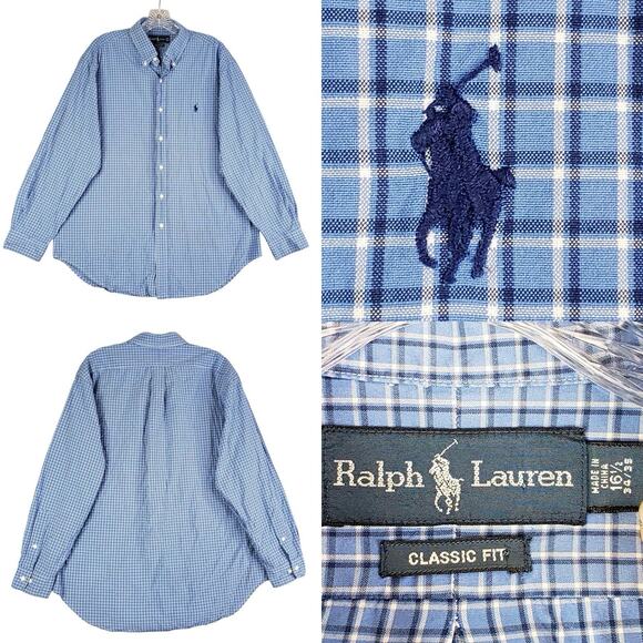 Polo Ralph Lauren Shirt Oxford Button Down Mens Size 16.5 Large LS Blue Plaid - Picture 1 of 10